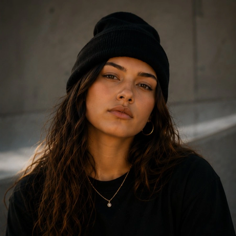 Portrait of fictional Breakline co-founder Mara Voss at a skatepark