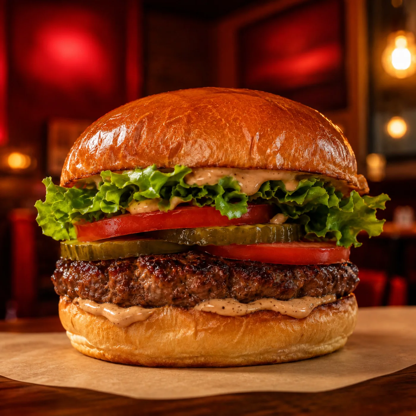 The CRAV Classic burger with lettuce, tomato, pickles, and house sauce