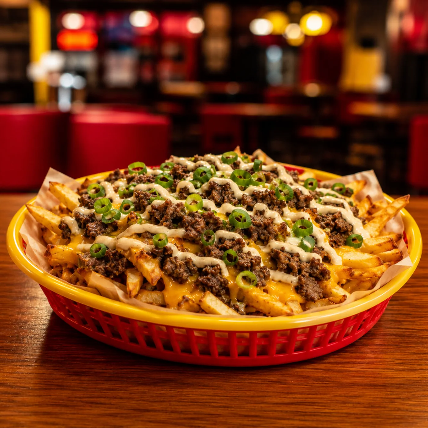 Loaded fries with melted cheese, chopped burger, scallions, and sauce