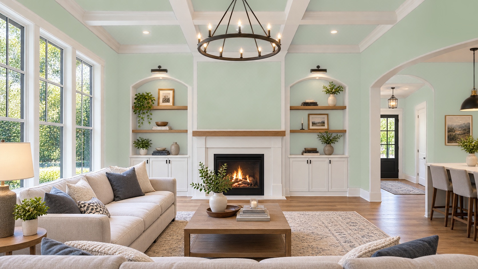 Sage green interior paint study with white architectural trim