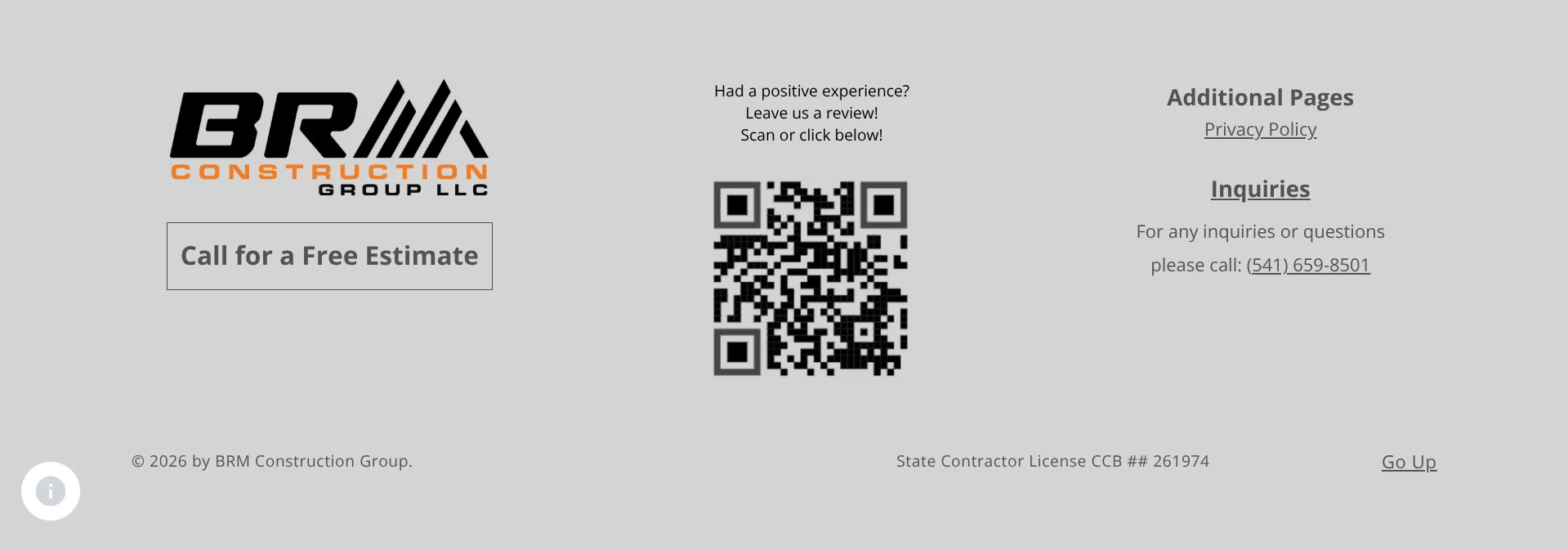 BRM Construction Group footer with phone contact and review link
