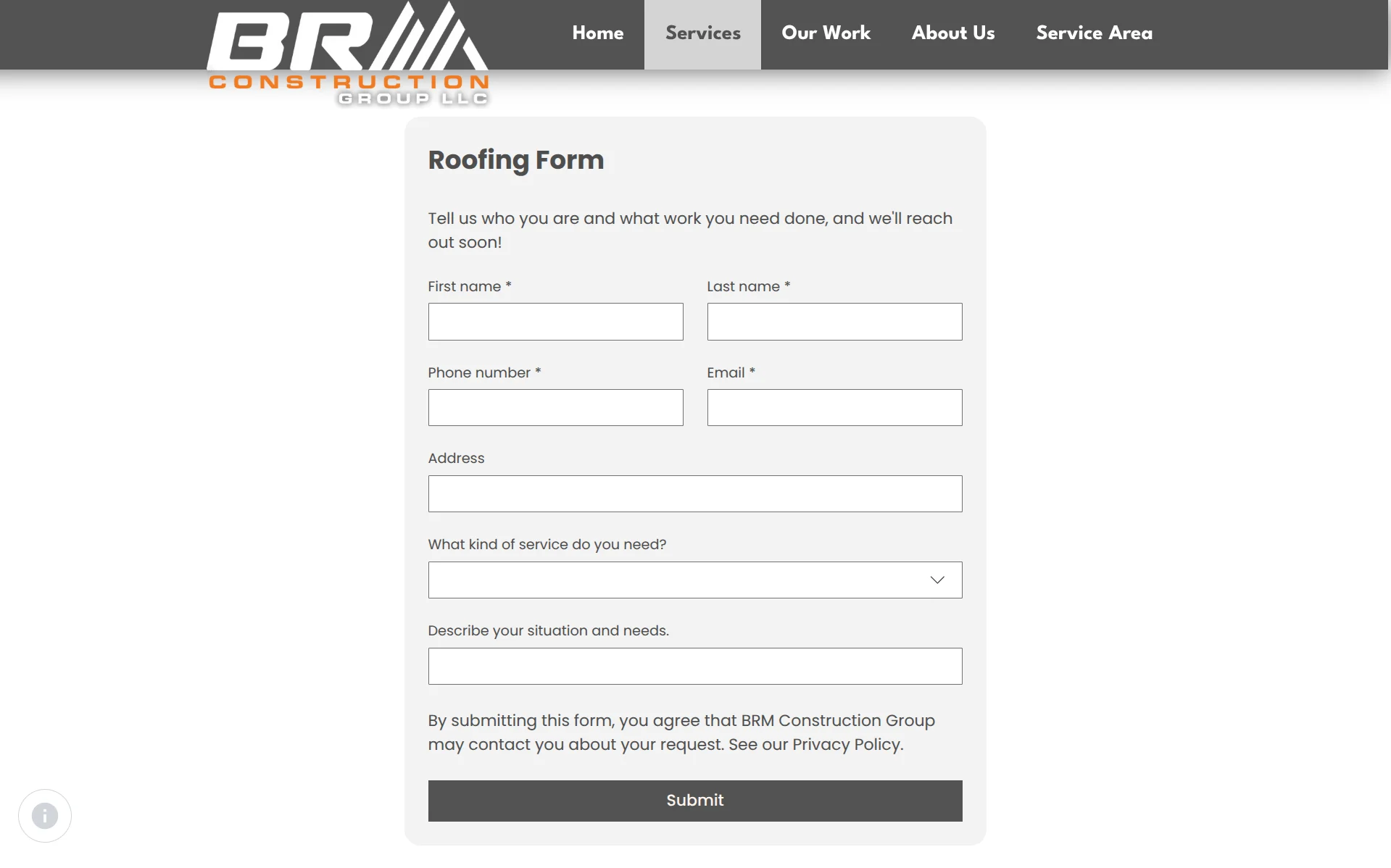 BRM Construction Group roofing inquiry form