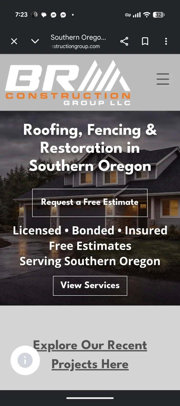 Mobile view of the BRM Construction Group homepage