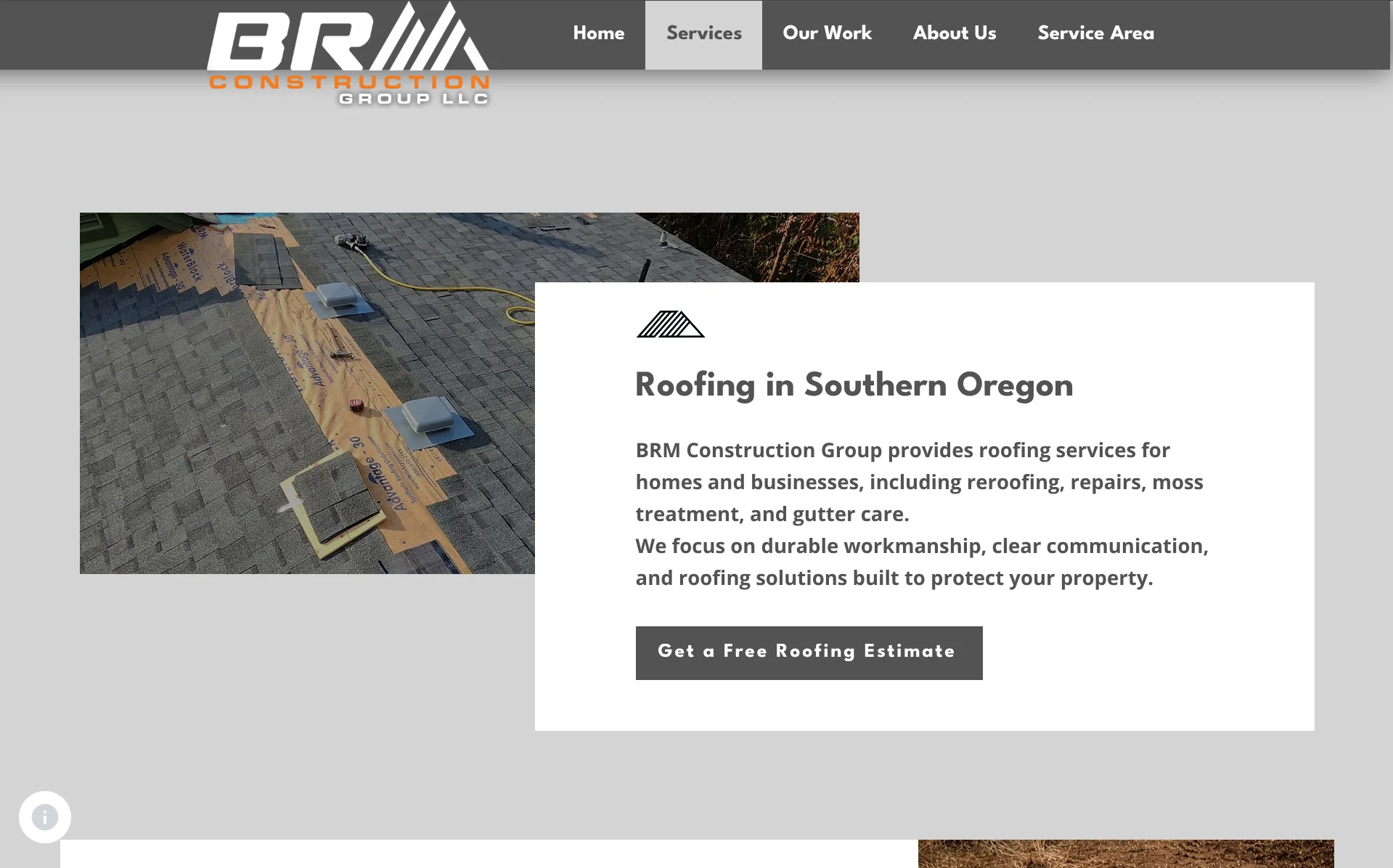 BRM Construction Group roofing services section on desktop