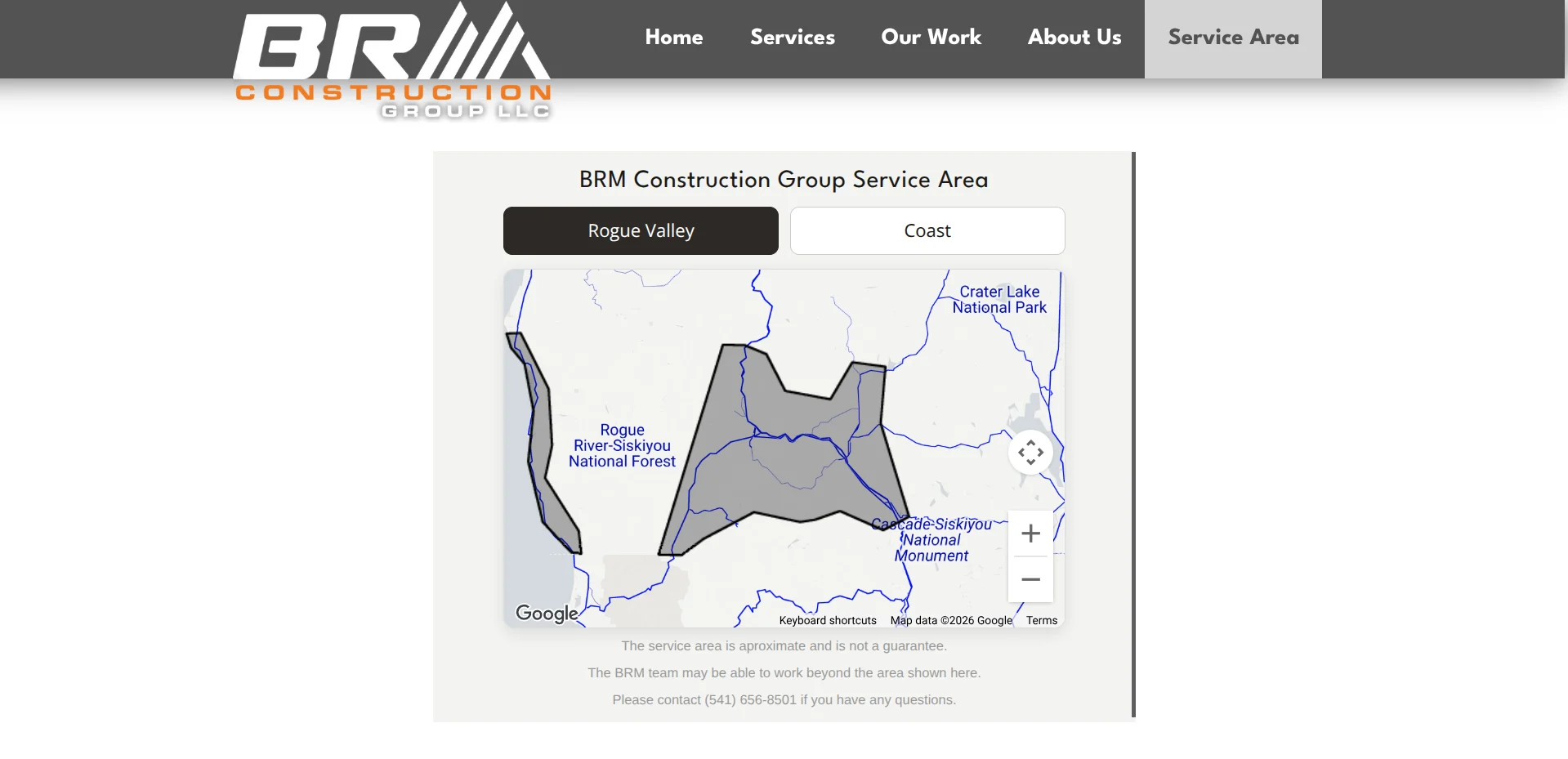 BRM Construction Group service area page with Southern Oregon map