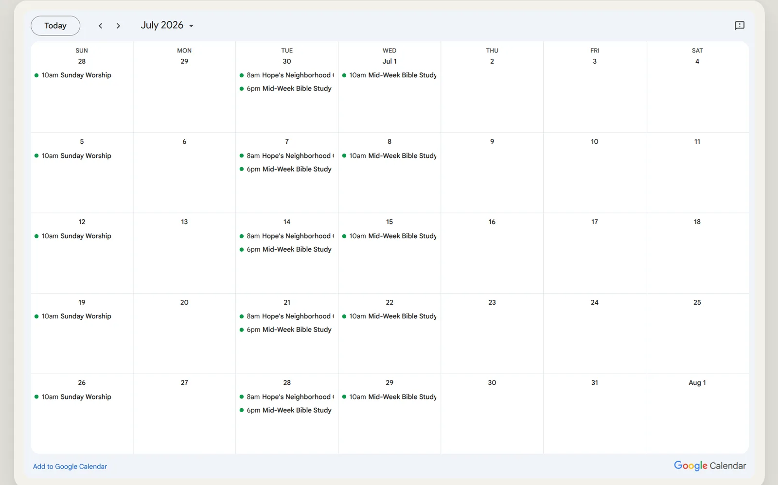 Google Calendar embedded into the Hope in Rogue River website