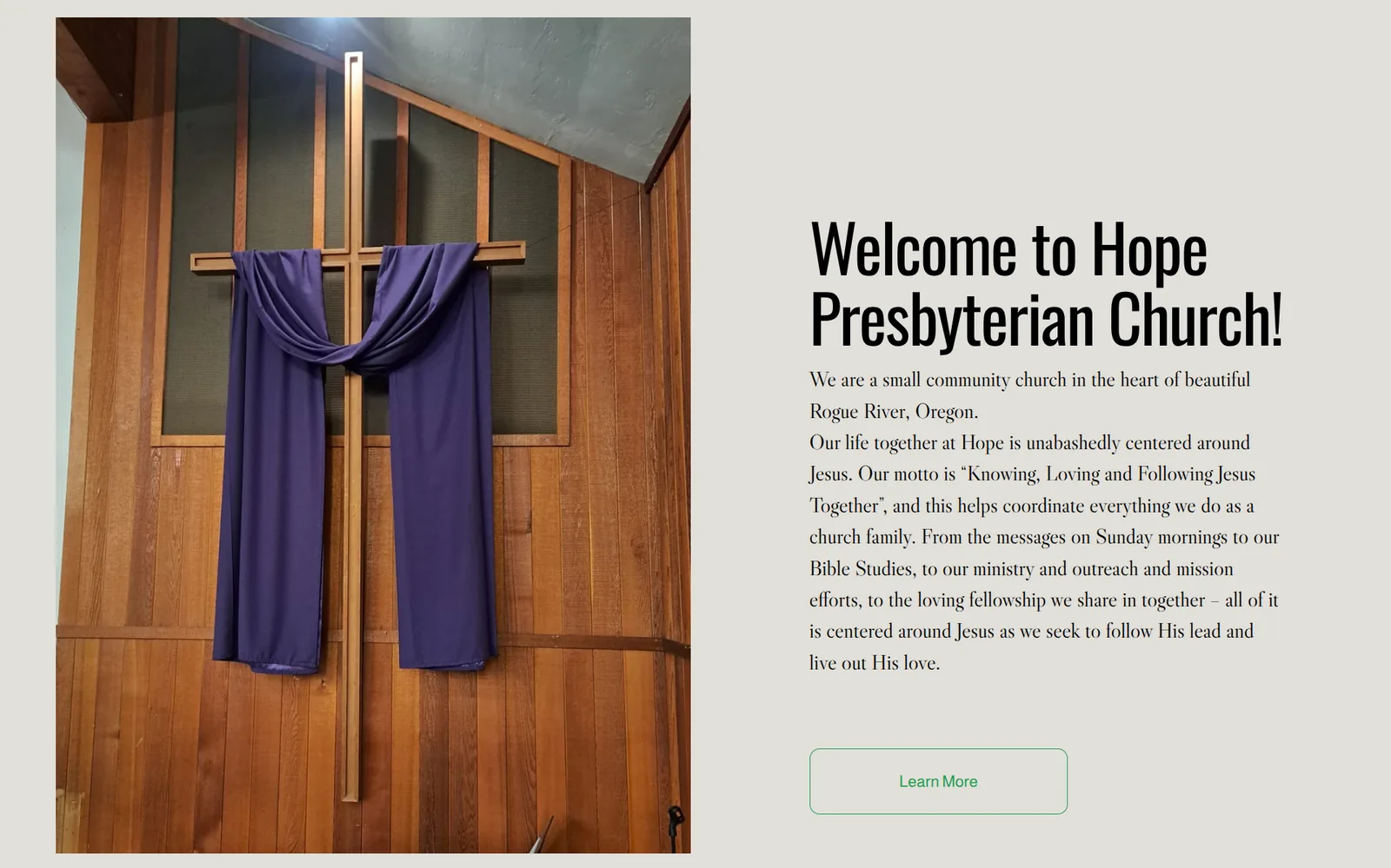 Hope Presbyterian Church welcome section with a photograph of the sanctuary cross